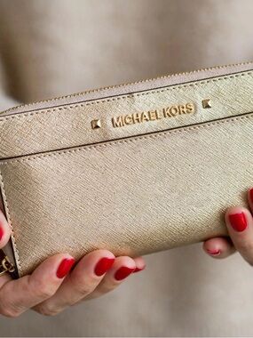 Michael Kors Metallic Gold Zip Wallet with Logo Detail